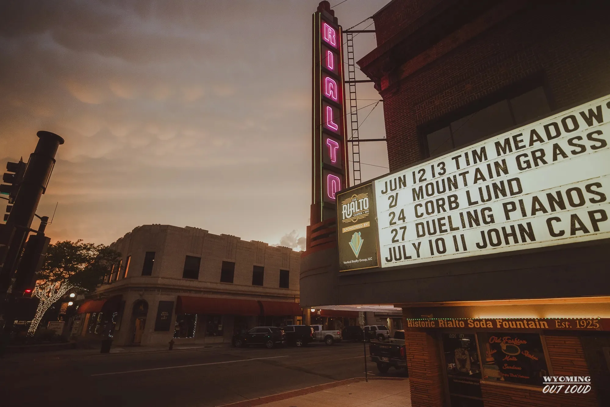 The Rialto marquee at sunset