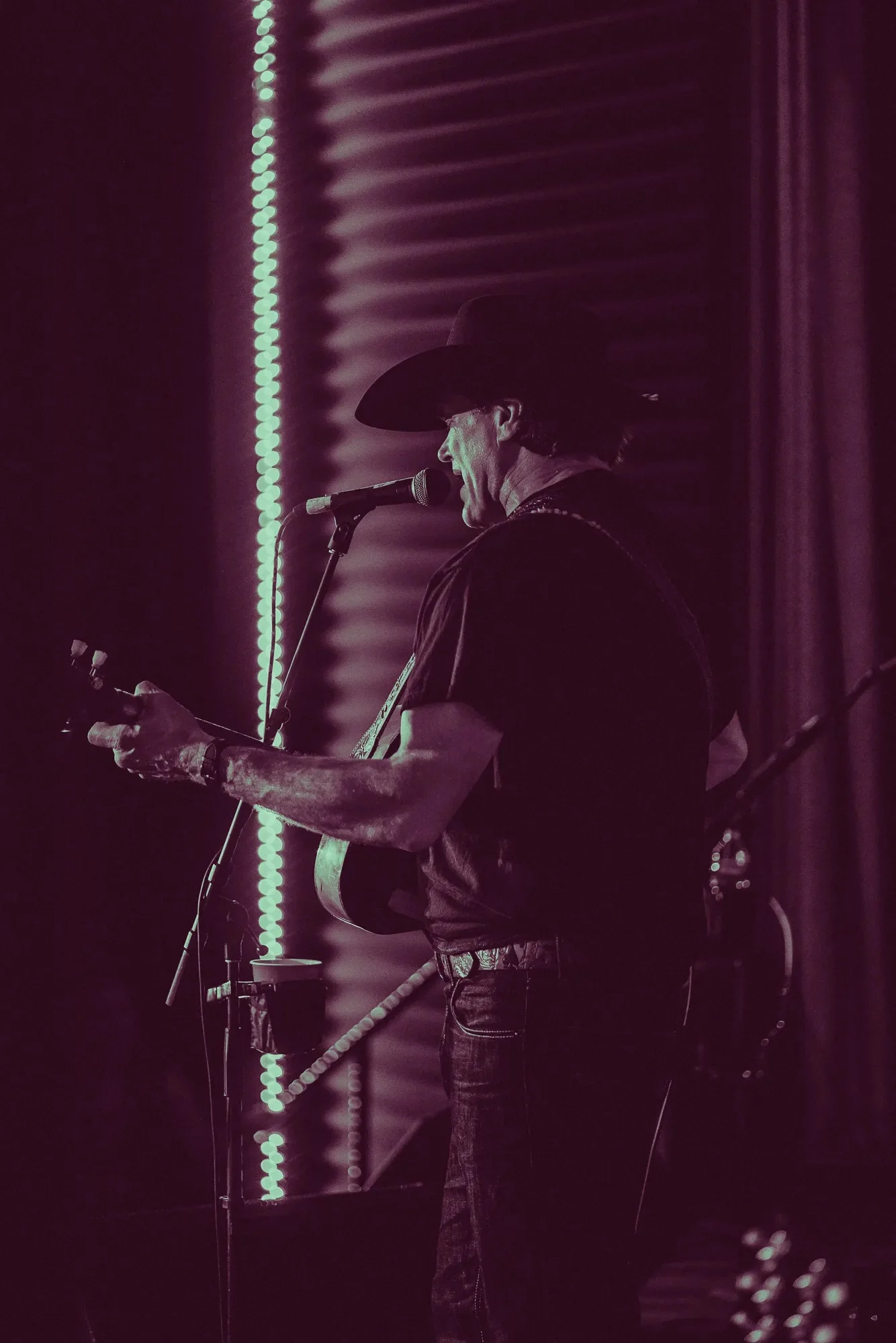 Musician performing under colorful stage lights