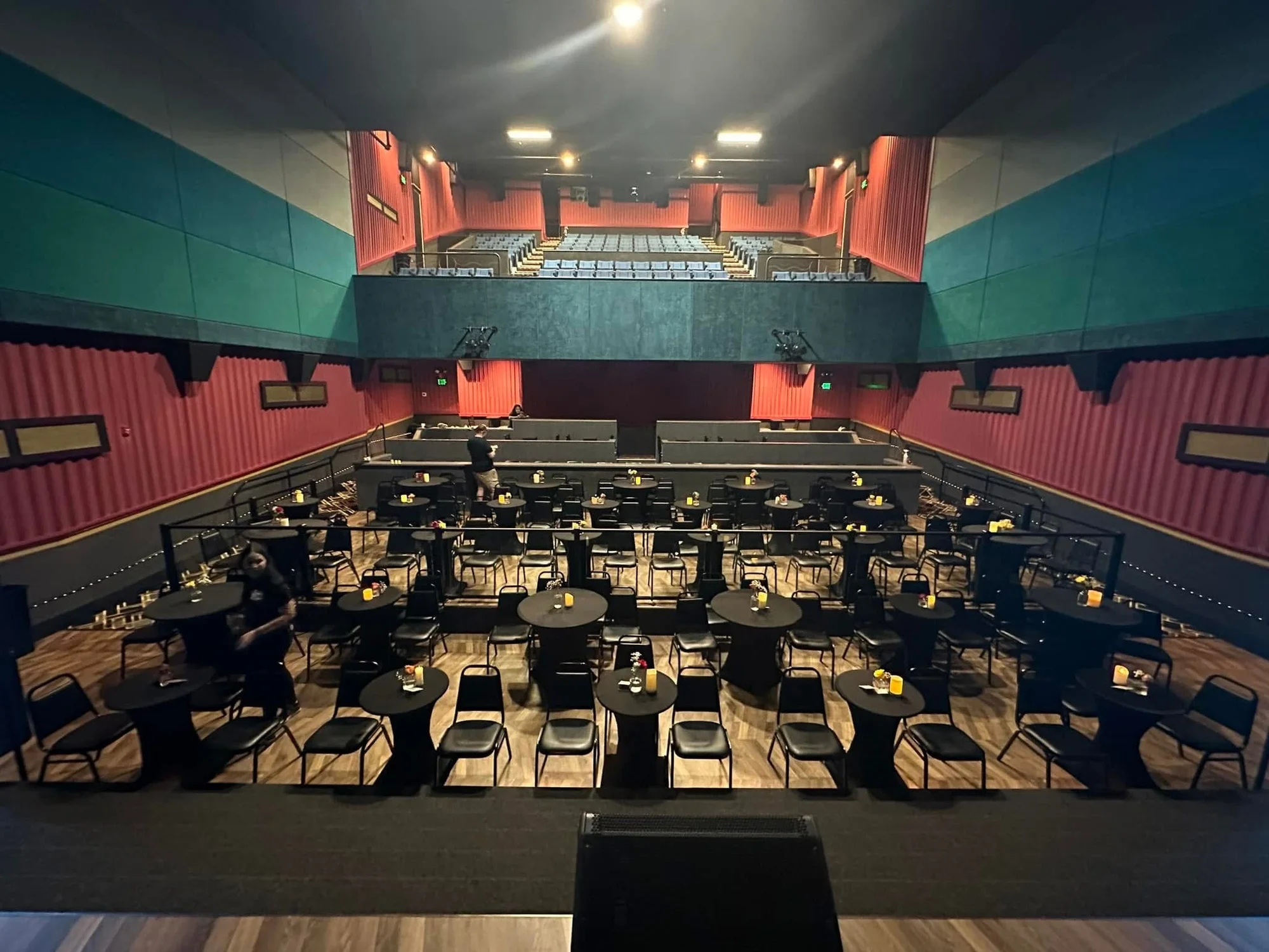The Rialto auditorium and tables viewed from the stage