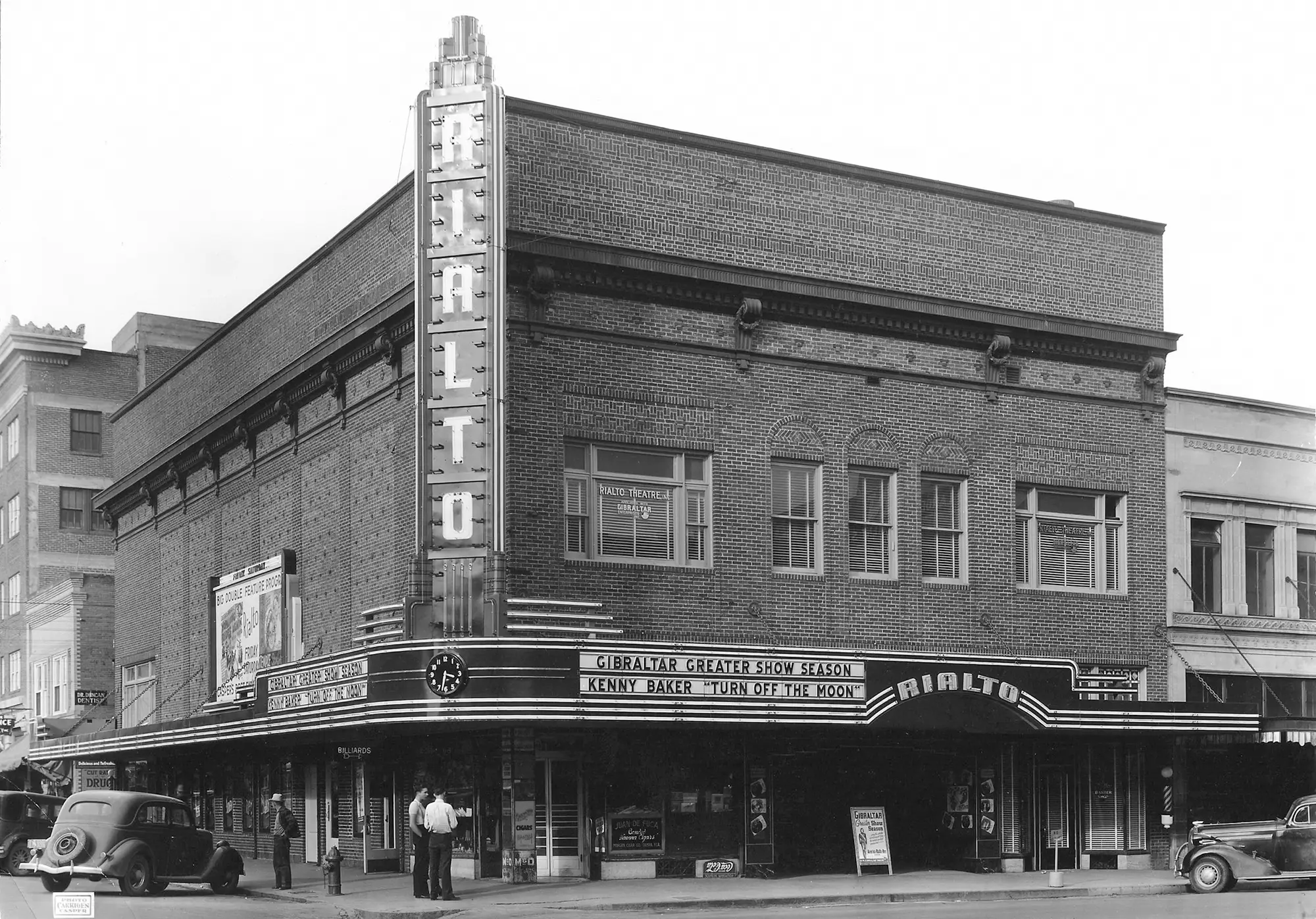 The Rialto Theater exterior and marquee in 1937